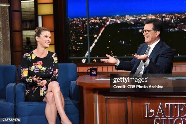 The Late Show with Stephen Colbert and guest Betty Gilpin during Friday's June 15, 2018 show.