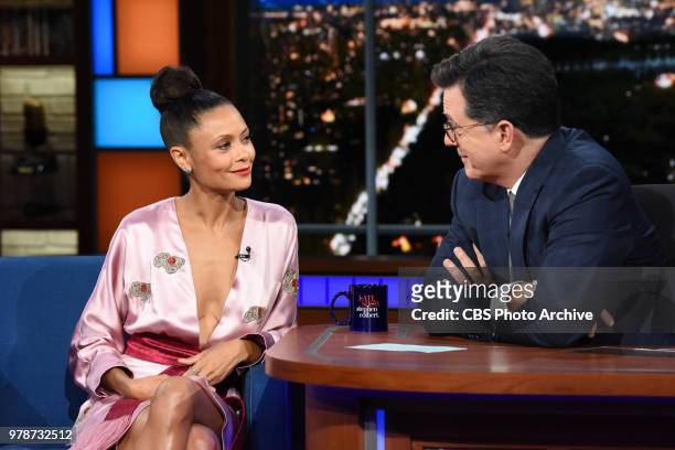 The Late Show with Stephen Colbert and guest Thandie Newton during Friday's June 15, 2018 show.