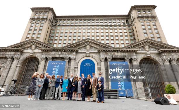 Bill Ford, Ford Motor Company Executive Chairman, and the Ford family stand in front of the historic, 105-year old Michigan Central train station...