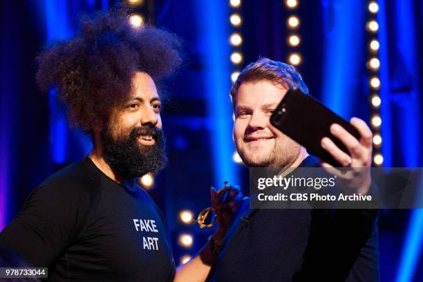 Reggie Watts and James Corden take a selfie during rehearsal of The Late Late Show with James Corden in London airing Sunday, June 17 with guests...