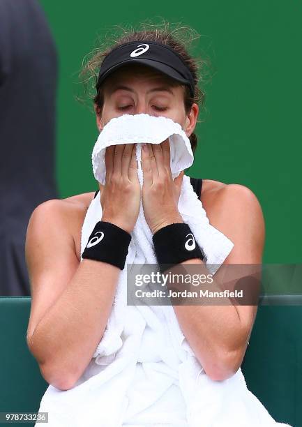 Johanna Konta of Great Britain reacts during her first round match against Petra Kvitova of The Czech Rupublic on Day Four of the Nature Valley...