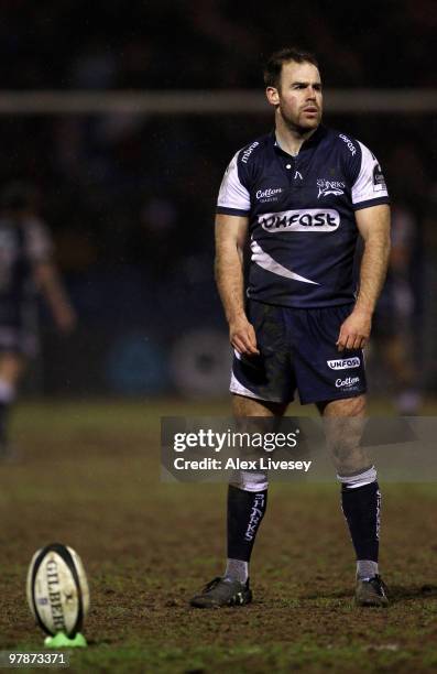 Charlie Hodgson of Sale Sharks lines up a penalty during the Guinness Premiership match between Sale Sharks and London Wasps at Edgeley Park on March...