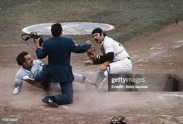 World Series: New York Yankees Thurman Munson in action, attempting tag vs Los Angeles Dodgers Davey Lopes . View of AL home plate upmire Rich Garcia...