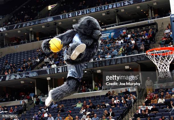 Grizz, the Memphis Grizzlies mascot, performs during a break in the game against the Atlanta Hawks on February 9, 2010 at FedExForum in Memphis,...