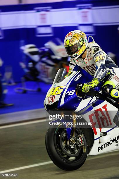 Valentino Rossi of Italy and Fiat Yamaha Team starts from box during the third day of testing at Losail Circuit on March 19, 2010 in Doha, Qatar.