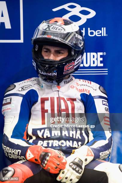 Jorge Lorenzo of Spain and Fiat Yamaha Team looks on in box during the third day of testing at Losail Circuit on March 19, 2010 in Doha, Qatar.