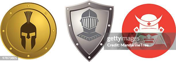 ilustraciones, imágenes clip art, dibujos animados e iconos de stock de iconos de guerrero - samurai helmet