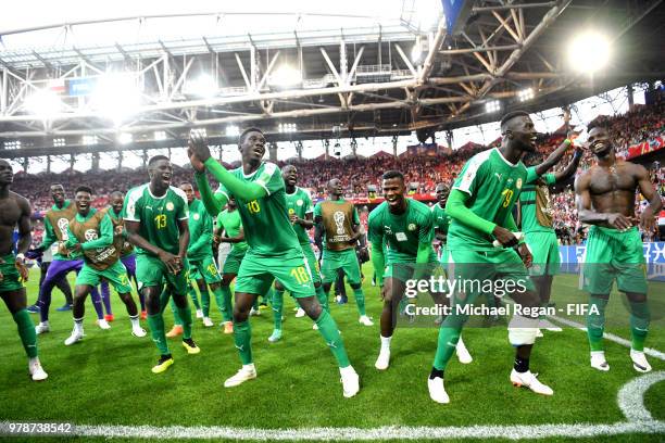 Senegal players celebrate after their sides victory in the 2018 FIFA World Cup Russia group H match between Poland and Senegal at Spartak Stadium on...