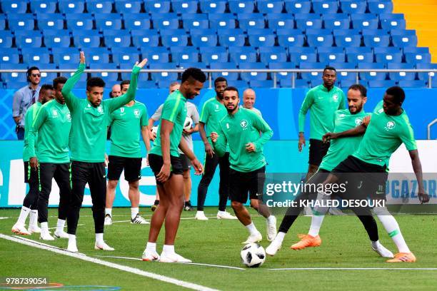 Saudi Arabia's national team players take part in a training session at the Rostov Arena in Rostov-On-Don on June 19 on the eve of the Russia 2018...