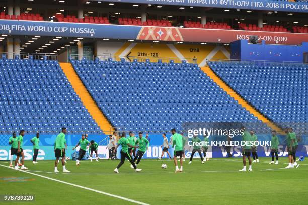 Saudi Arabia's national team players take part in a training session at the Rostov Arena in Rostov-On-Don on June 19 on the eve of the Russia 2018...