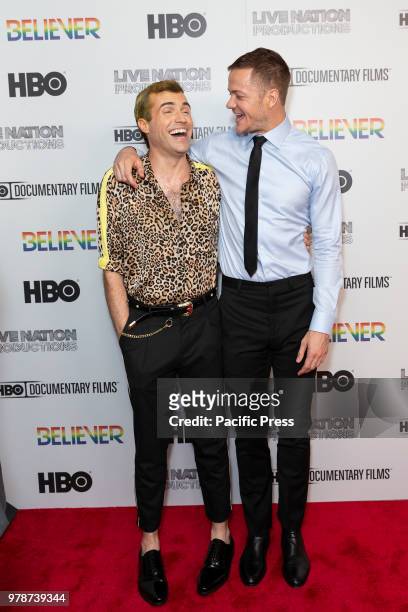 Tyler Glenn and Dan Reynolds attend HBO documentary premiere at Metrograph.