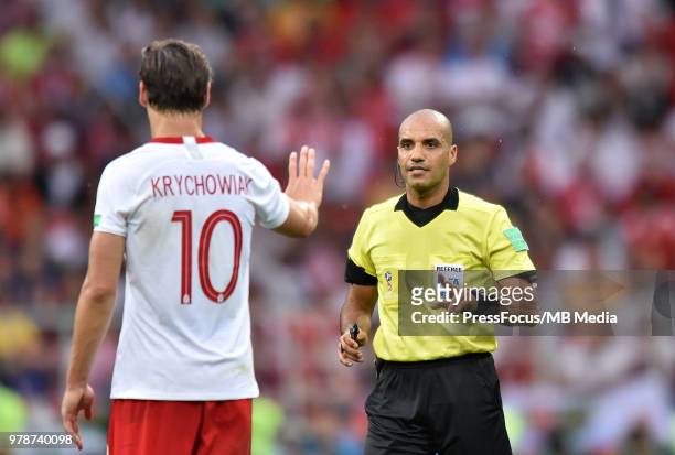 Referee Nawaf Shukralla reacts during the 2018 FIFA World Cup Russia group H match between Poland and Senegal at Spartak Stadium on June 19, 2018 in...