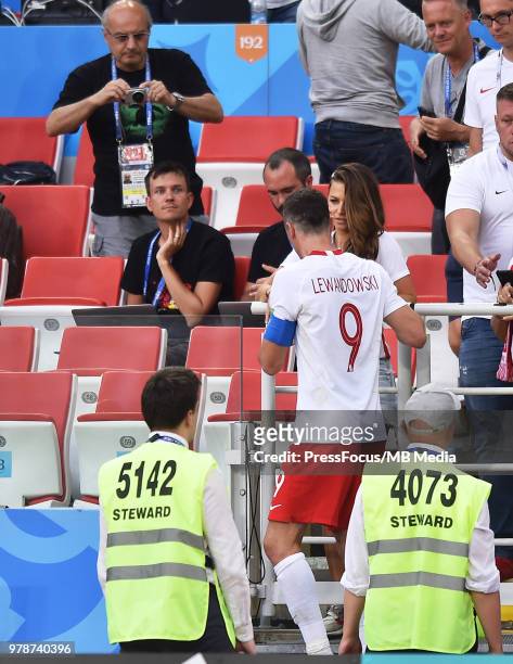 Robert Lewandowski of Poland after the match with his wife Anna Lewandowski during the 2018 FIFA World Cup Russia group H match between Poland and...