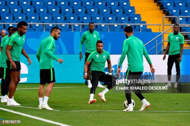 Saudi Arabia's national team players take part in a training session at the Rostov Arena in Rostov-On-Don on June 19 on the eve of the Russia 2018...