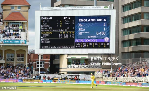 The scoreboard after England scored 481 runs in their innings during the third Royal London One-Day International match between England and Australia...