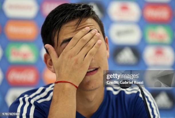 Paulo Dybala of Argentina gestures during a press conference at Stadium of Syroyezhkin sports school on June 19, 2018 in Bronnitsy, Russia.