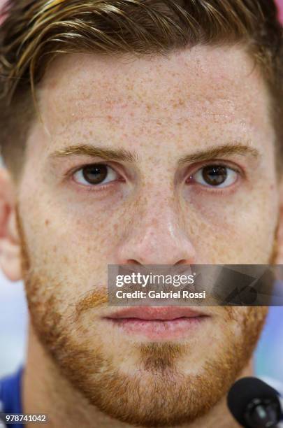 Cristian Ansaldi of Argentina smiles during a press conference at Stadium of Syroyezhkin sports school on June 19, 2018 in Bronnitsy, Russia.