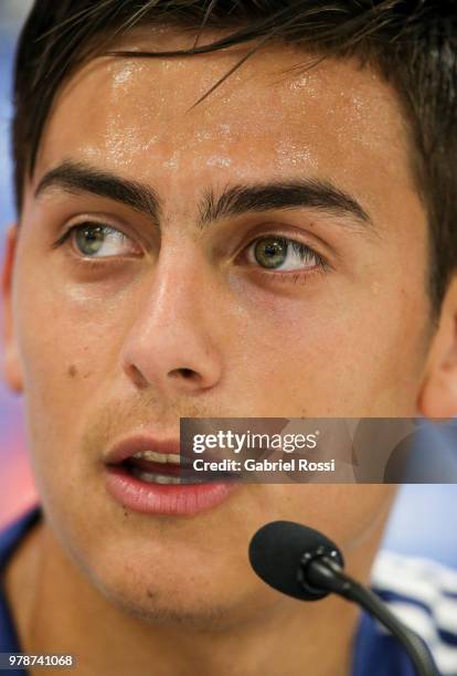 Paulo Dybala of Argentina speaks during a press conference at Stadium of Syroyezhkin sports school on June 19, 2018 in Bronnitsy, Russia.