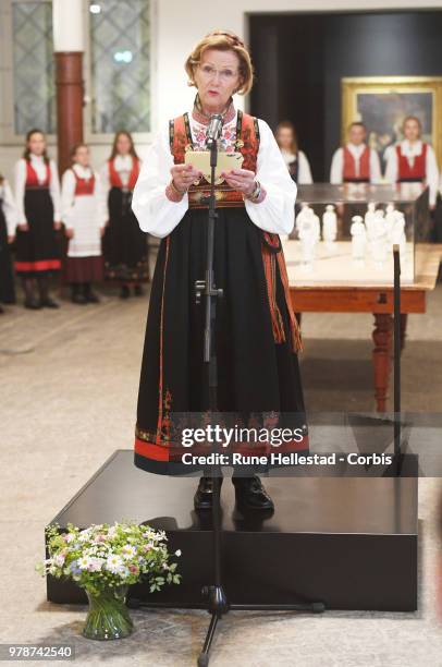 Queen Sonja is seen during the opening of the exhibition 'Tradition And Inspiration. National Heritage In The Royal Collections' in the Queen Sonja...