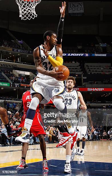 Mayo of the Memphis Grizzlies looks to pass the ball to teammate Marc Gasol during the game against the Atlanta Hawks on February 9, 2010 at...