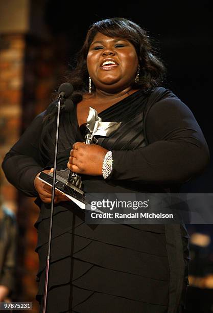 Actress Gabourey Sidibe accepts her award onstage at the 25th Film Independent Spirit Awards held at Nokia Theatre L.A. Live on March 5, 2010 in Los...