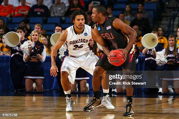 Steven Gray of the Gonzaga Bulldogs defends against Michael Snaer of the Florida State Seminoles during the first round of the 2010 NCAA men's...