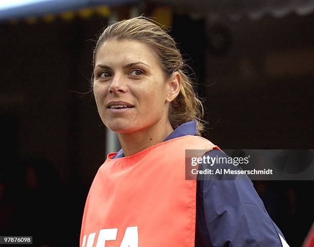 United States forward Mia Hamm rested on the bench Sunday, September 28, 2003 at Columbus Crew Stadium, Columbus, Ohio, during the opening round of...