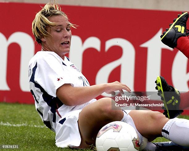 United States forward Abby Wambach tumbles in the corner Sunday, September 28, 2003 at Columbus Crew Stadium, Columbus, Ohio, during the opening...