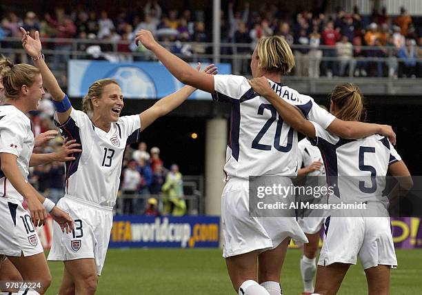 United States forward Abby Wambach celebrates a score on a penalty kick Sunday, September 28, 2003 at Columbus Crew Stadium, Columbus, Ohio, during...