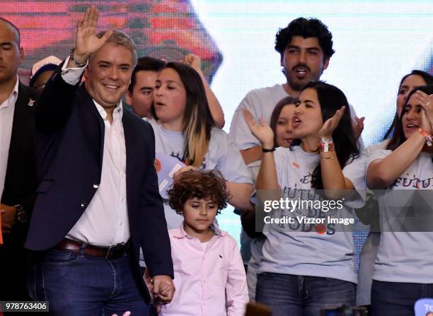 Elected President of Colombia Ivan Duque celebrates after winning the presidential ballotage against leftist Gustavo Petro on June 17, 2018 in...