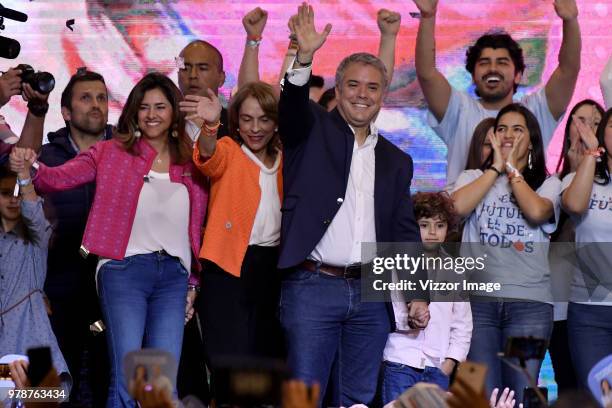 Elected President of Colombia Ivan Duque celebrates after winning the presidential ballotage against leftist Gustavo Petro on June 17, 2018 in...