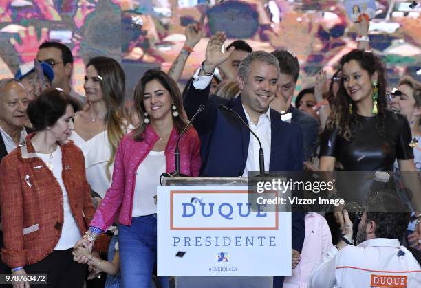 Elected President of Colombia Ivan Duque celebrates after winning the presidential ballotage against leftist Gustavo Petro on June 17, 2018 in...