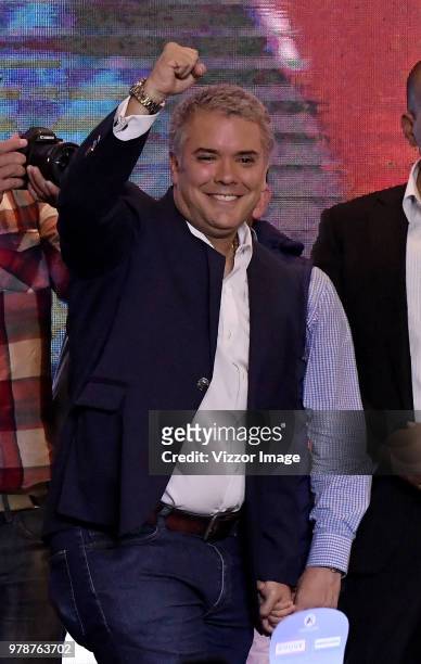 Elected President of Colombia Ivan Duque celebrates after winning the presidential ballotage against leftist Gustavo Petro on June 17, 2018 in...