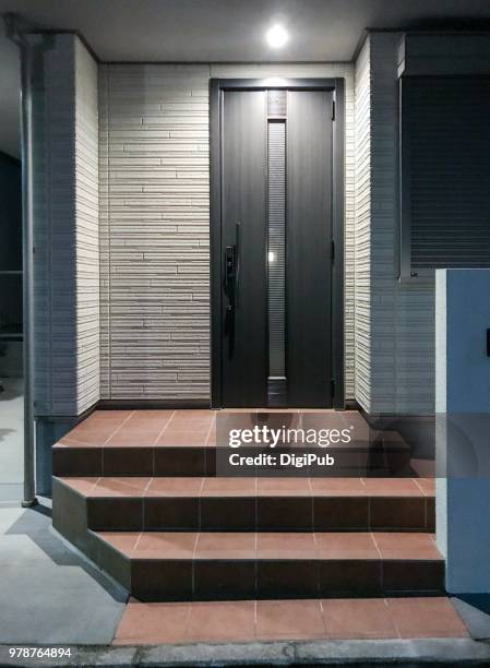 front entrance of a new house in the night - japanese tree stockfoto's en -beelden