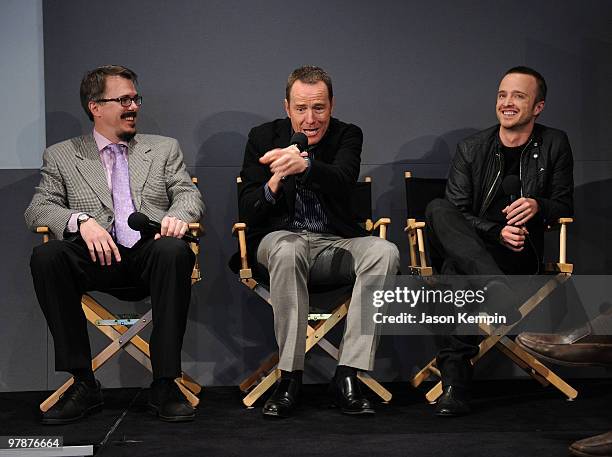 Producer Vince Gilligan, actor Bryan Cranston and actor Aaron Paul visit the Apple Store Soho on March 19, 2010 in New York City.