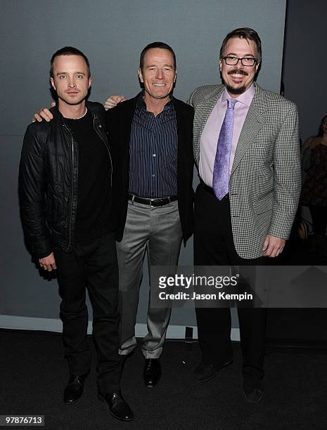 Actor Aaron Paul, actor Bryan Cranston and Producer Vince Gilligan visit the Apple Store Soho on March 19, 2010 in New York City.