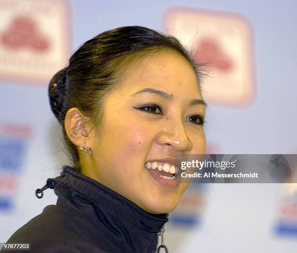 Winner Michelle Kwan talks to the media January 10, 2004 in the Women's Championship at the 2004 State Farm U. S. Figure Skating Championships at...