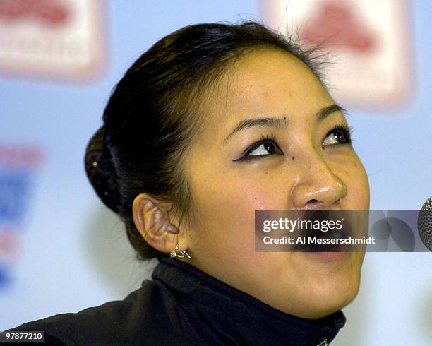 Winner Michelle Kwan talks to the media January 10, 2004 in the Women's Championship at the 2004 State Farm U. S. Figure Skating Championships at...