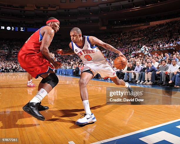 Jonathan Bender of the New York Knicks drives the ball against Marreese Speights of the Philadelphia 76ers on March 19, 2010 at Madison Square Garden...