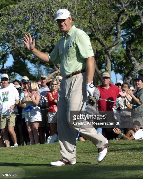 Ernie Els birdies te 13th hole at Waialae Country Club Sunday, January 18, 2004 at the Sony Open in Hawaii. Els won the tournament after three...