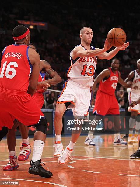 Sergio Rodriguez of the New York Knicks passes the ball against the Philadelphia 76ers at Madison Square Garden on March 19, 2010 in New York City....