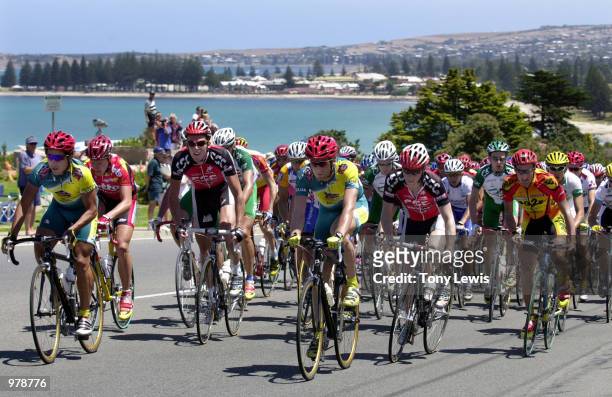 The peloton passes Encounter Bay at Victor Harbour in Stage 3 of the Tour Down Under, held between between McLaren Vale and Victor Harbour, Near...