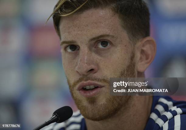 Argentina's defender Cristian Ansaldi talks to the media during a press conference at the team's base camp in Bronnitsy, near Moscow on June 19, 2018...