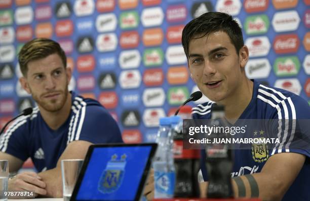 Argentina's forward Paulo Dybala and defender Cristian Ansaldi hold a press conference at the team's base camp in Bronnitsy, near Moscow on June 19...