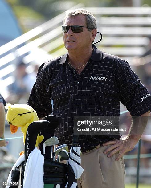 Fuzzy Zoeller waits on the seventh tee during the second round of the 2004 Royal Caribbean Golf Classic at Key Biscayne, Florida, February 7, 2004.