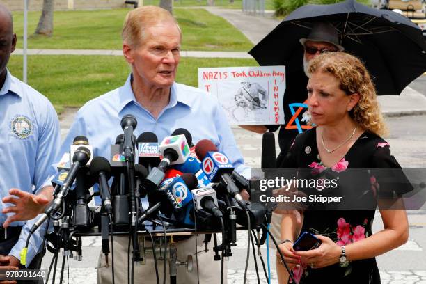 Sen. Bill Nelson , , and U.S. Rep. Debbie Wasserman Schultz , , speak with the media after a security officer denied their access to the Homestead...
