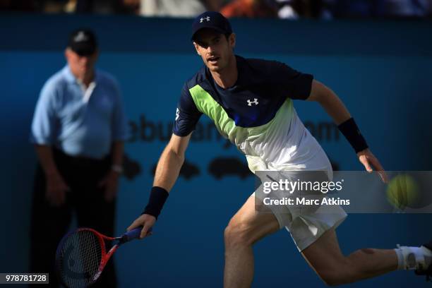 Andy Murray of Great Britain in action during his defeat to Nick Kyrgios of Australia during Day 2 of the Fever-Tree Championships at Queens Club on...