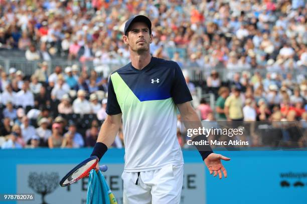 Andy Murray of Great Britain reacts during his defeat to Nick Kyrgios of Australia during Day 2 of the Fever-Tree Championships at Queens Club on...