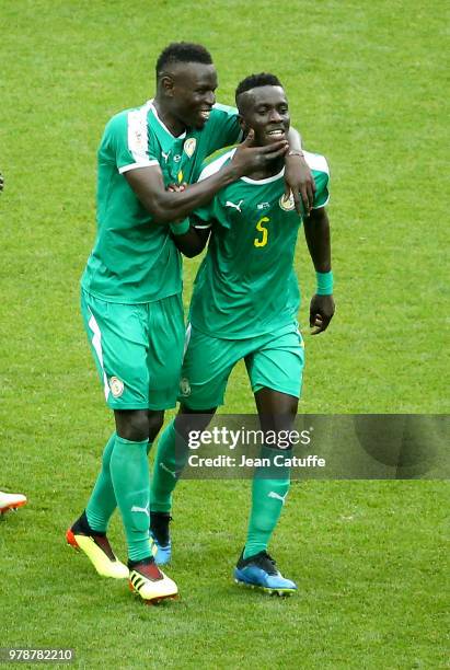 Idrissa Gueye of Senegal celebrates with M'Baye Niang the first goal of Senegal during the 2018 FIFA World Cup Russia group H match between Poland...