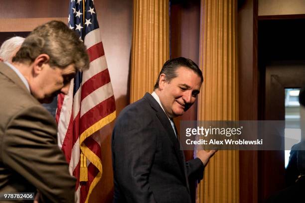 Sen. John Kennedy and Sen. Ted Cruz leave a news conference at the U.S. Capitol on June 19, 2018 in Washington, DC. The GOP Senators held the...